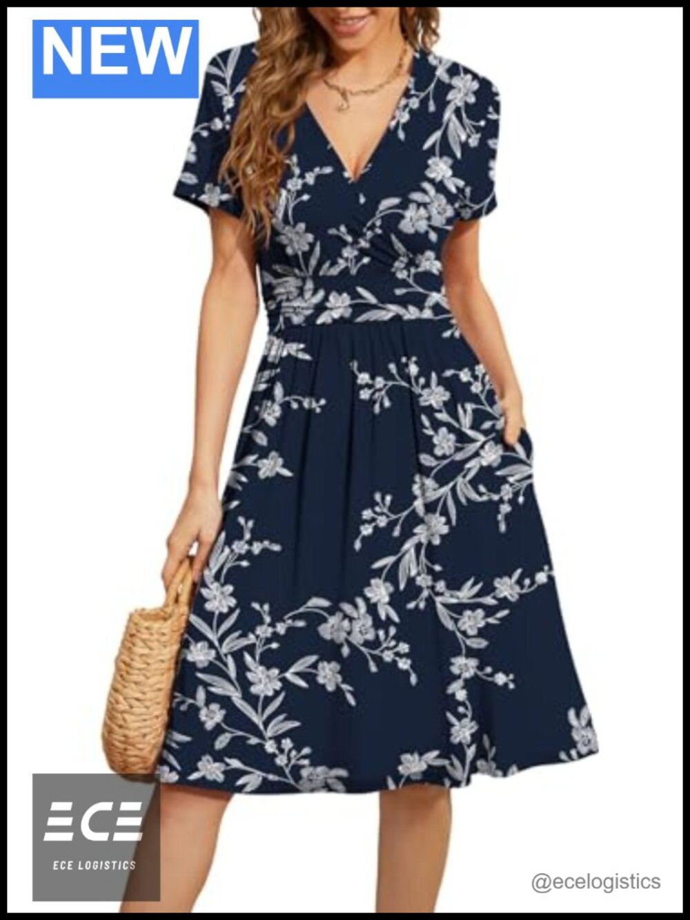 Women's Summer Short Sleeve V-Neck Floral Casual Dress with Pockets